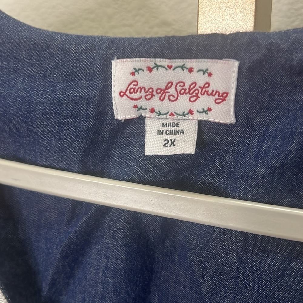 Lanz of Salzburg denim pleated button up Round collar chambray Short sleeve 2X - Picture 2 of 4